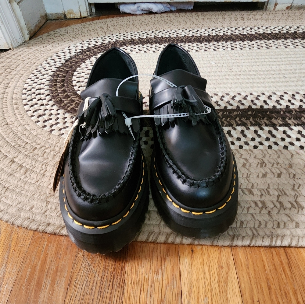 Dr. Martens Black Tassel Platform Loafers with Yellow Stitching